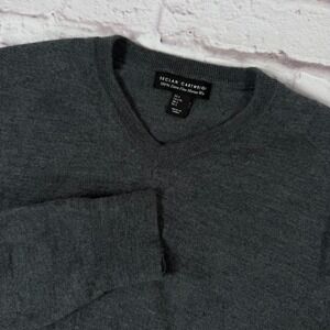 Declan Cartwright Sweater Large 100% Merino Wool Gray V-neck Solid Knit Pullover
